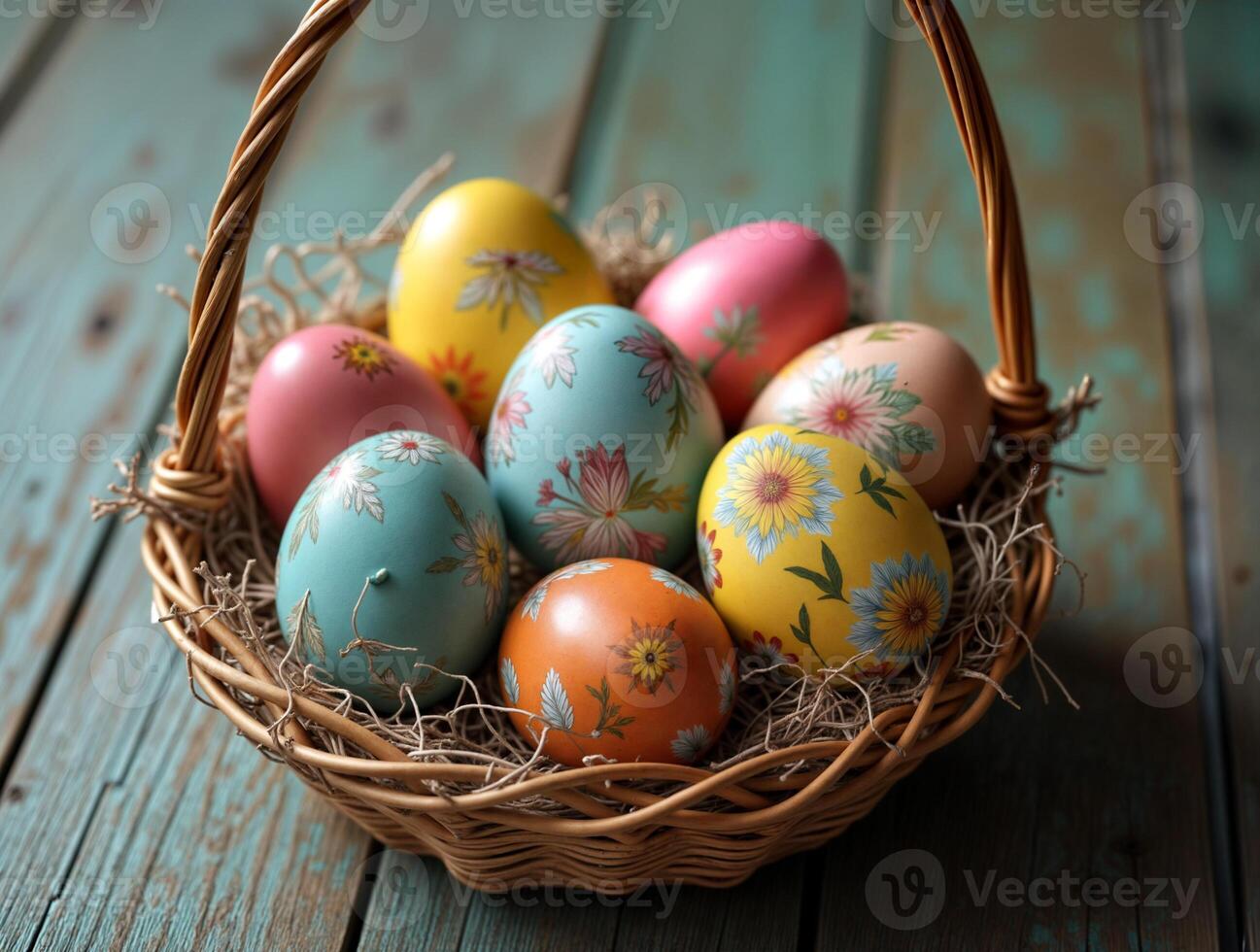Happy easter. Happy easter, Easter painted eggs in the basket on wooden rustic table with spring flowers snowdrops. The concept of Easter. easter basket fill with easter eggs and flowers photo
