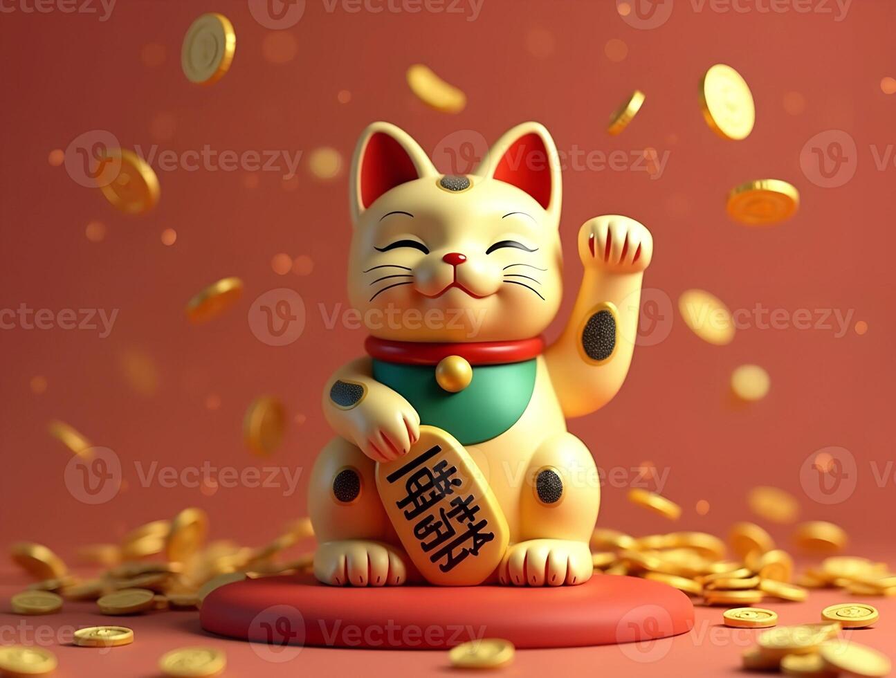 Cute asian lucky cat character sits atop a pile of golden coins by a money fountain wishing you good luck, symbolizing prosperity and luck. Maneki-neko photo
