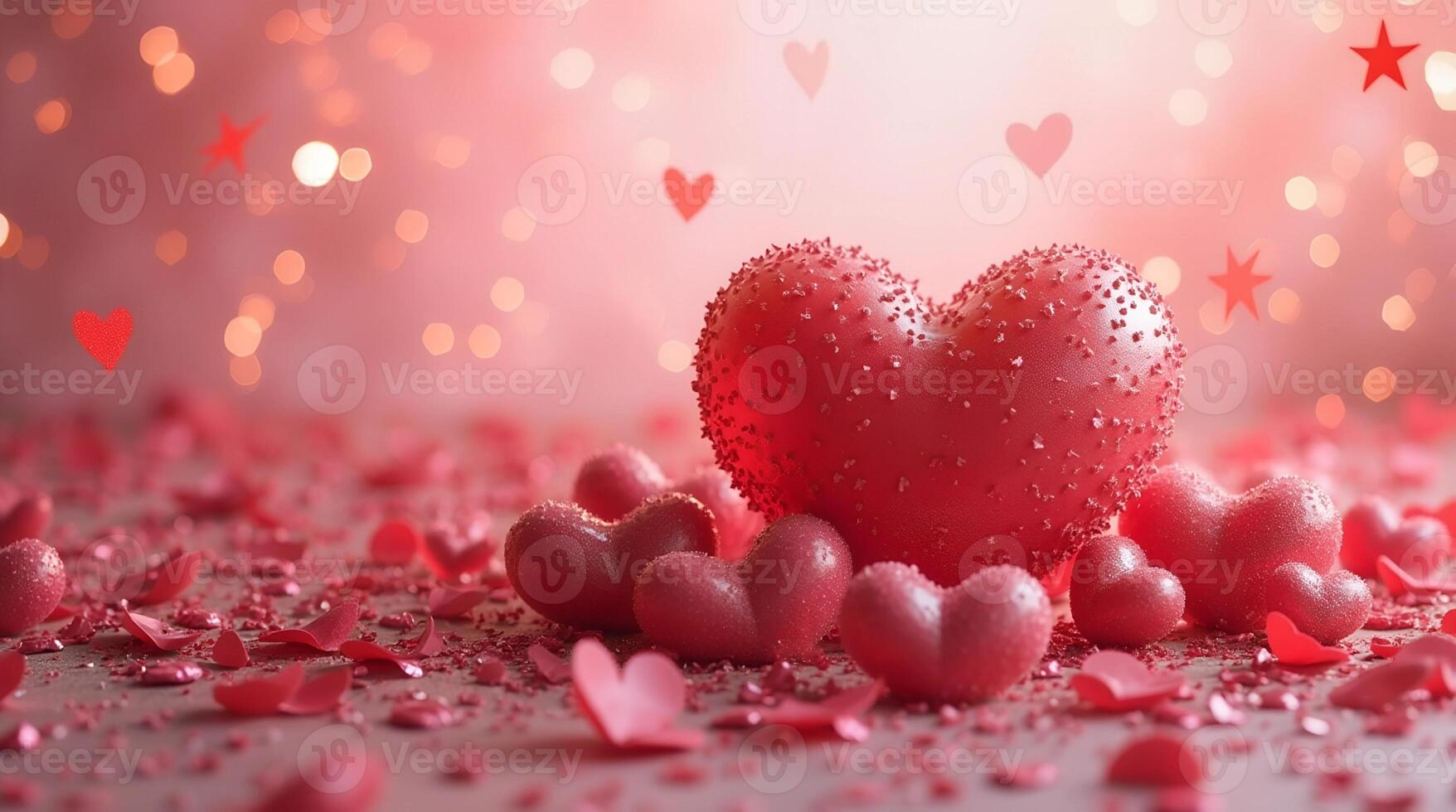 Happy Valentine's day poster or postcard. Pink hearts and sequins on a pink background. valentine day concept. Modern abstract art design with hearts. Templates for celebration, ads, branding, banner photo