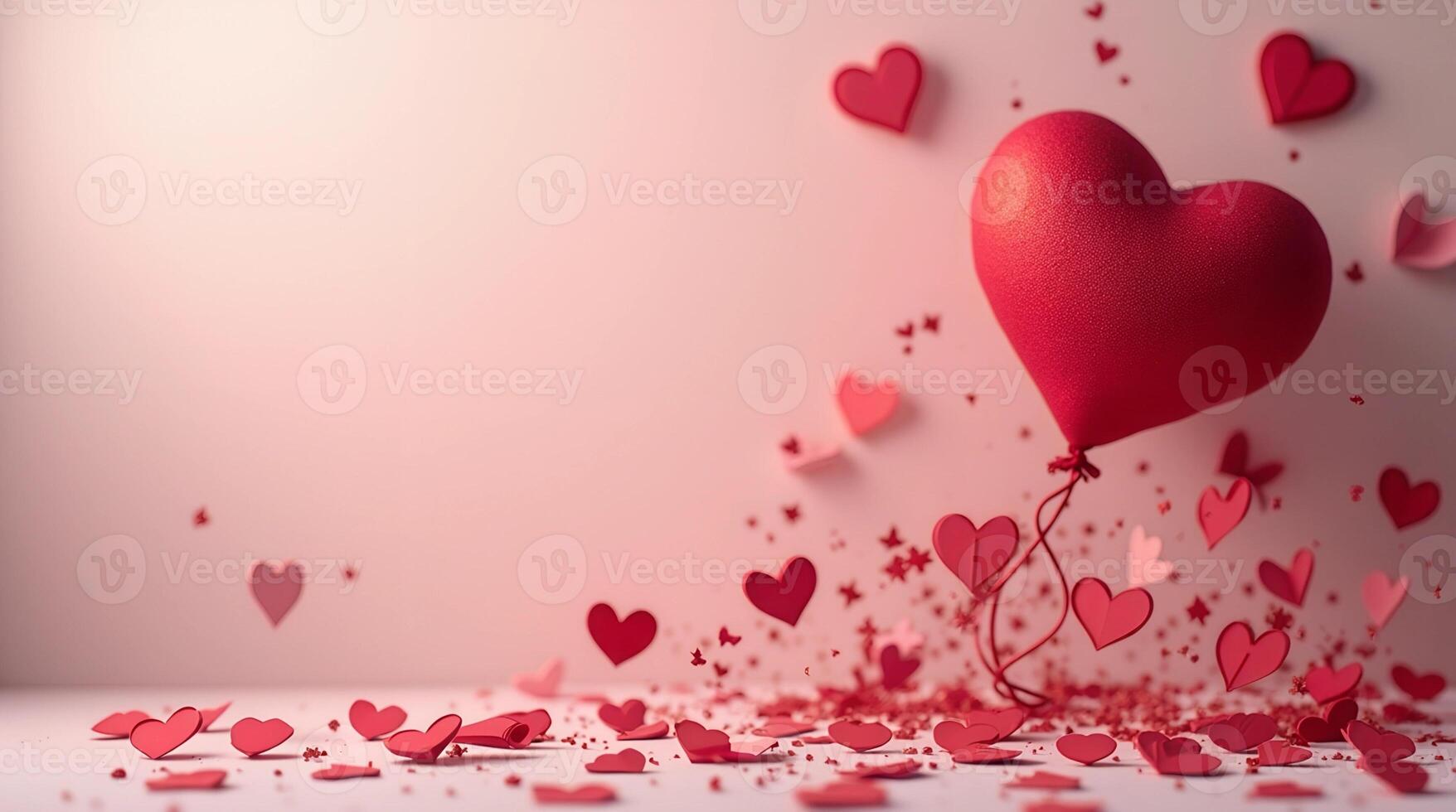 Valentine day concept. A balloon in the form of a red heart against a background of small hearts. Red and pink flying hearts. decorations for Valentine's day border or frame design photo