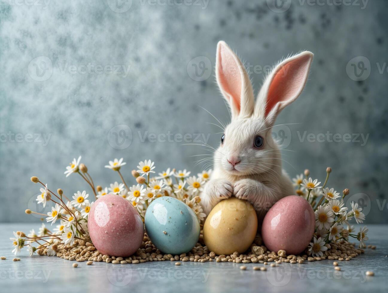 Cute white bunny surrounded by colorful eggs and daisies during springtime celebration in a cozy indoor setting photo
