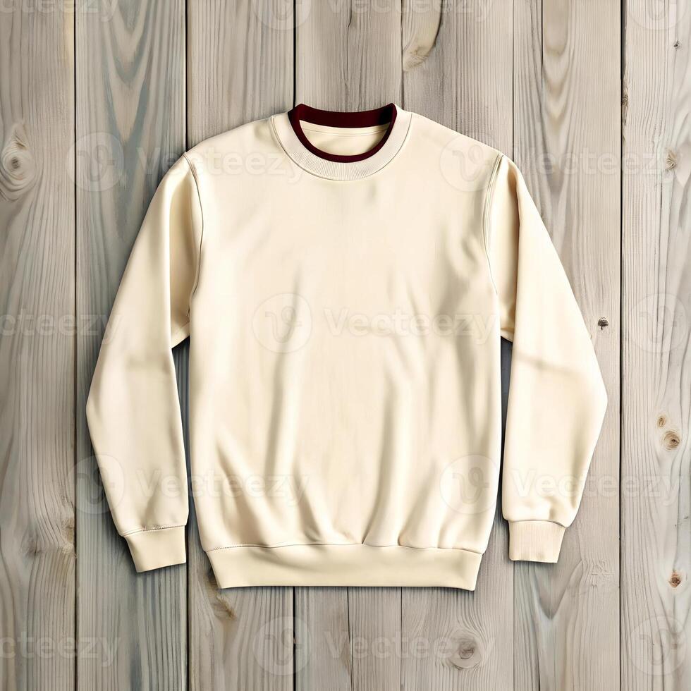 Beige crewneck trendy sweatshirt on wooden table, floor, top view. Mockup for design. A folded yellow sweat shirt. Blank sweatshirt mock up in front view, 3d rendering, 3d illustration photo