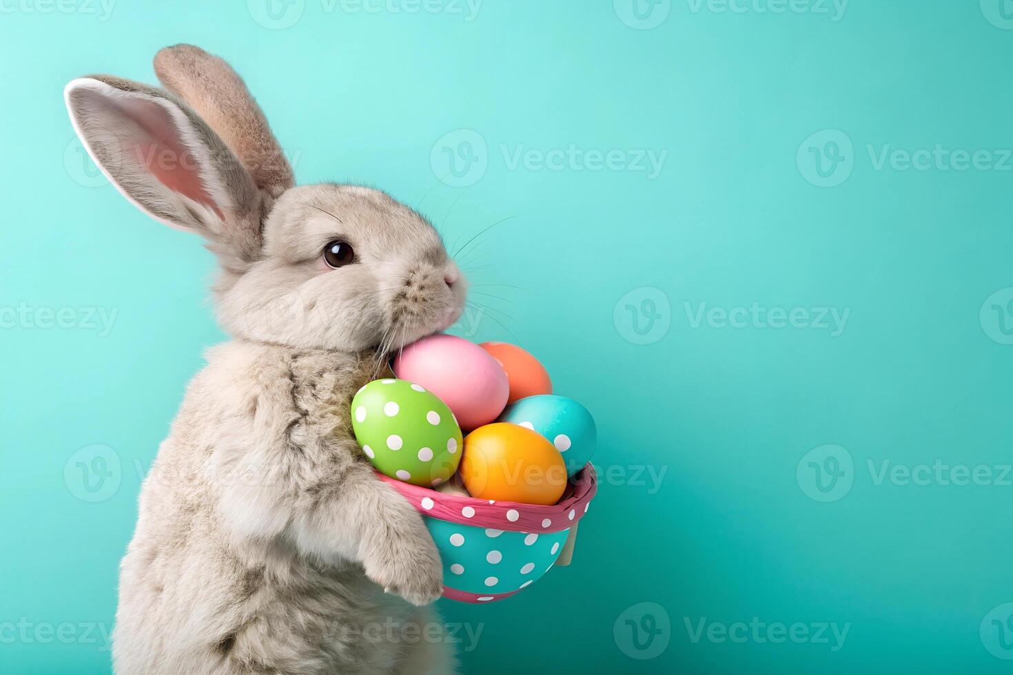 Cute grey rabbit with pastel colored eggs in a small basket against a bright teal background for Easter celebration activities photo
