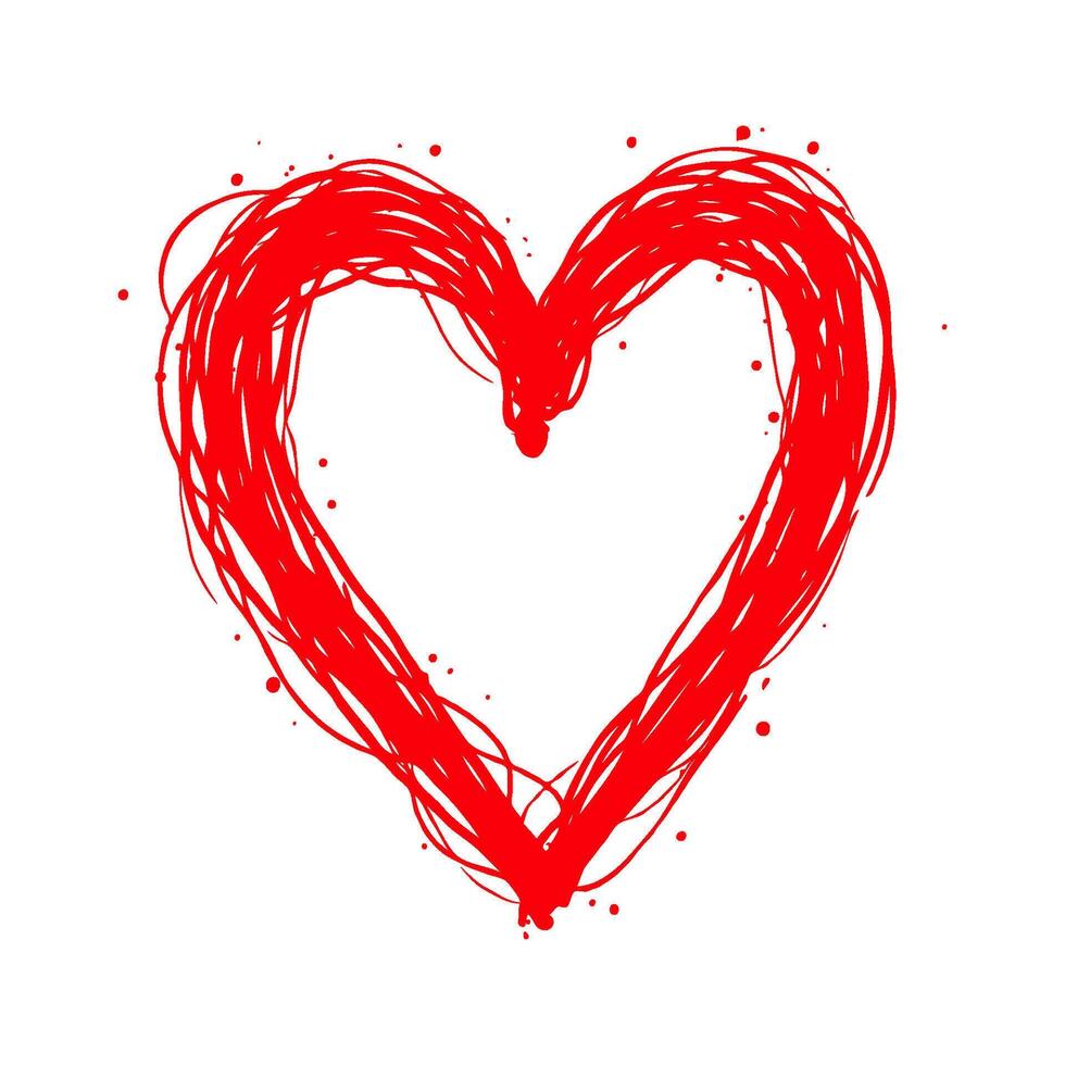 Red heart hand-drawn with rough strokes and splatter details on a white background, symbolizing love, passion, and creativity. Valentine's day illustration. vector