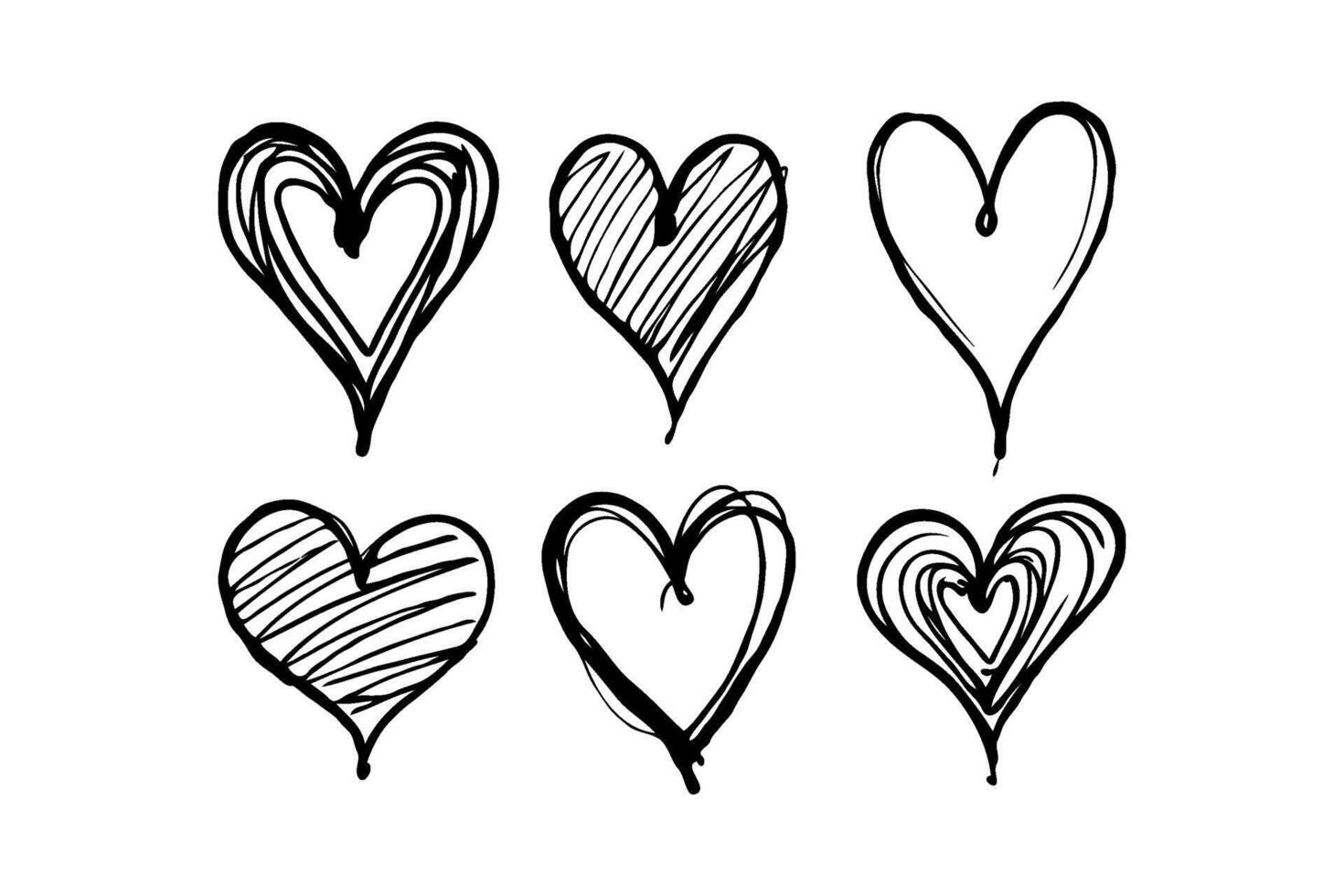Six unique hand-drawn black hearts with creative designs on a white background, artwork for love and romance concepts. Valentine's day illustration. vector