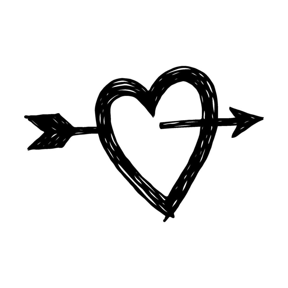 Hand-drawn heart pierced by an arrow, black sketch style, isolated on white background. Concept of love, romance, and affection. Valentine's day illustration. vector