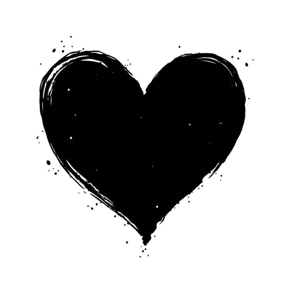 Black heart shape with ink splatter effect, rough brushstroke style, on white background. Concept of love, art, and raw emotion. Valentine's day illustration. vector