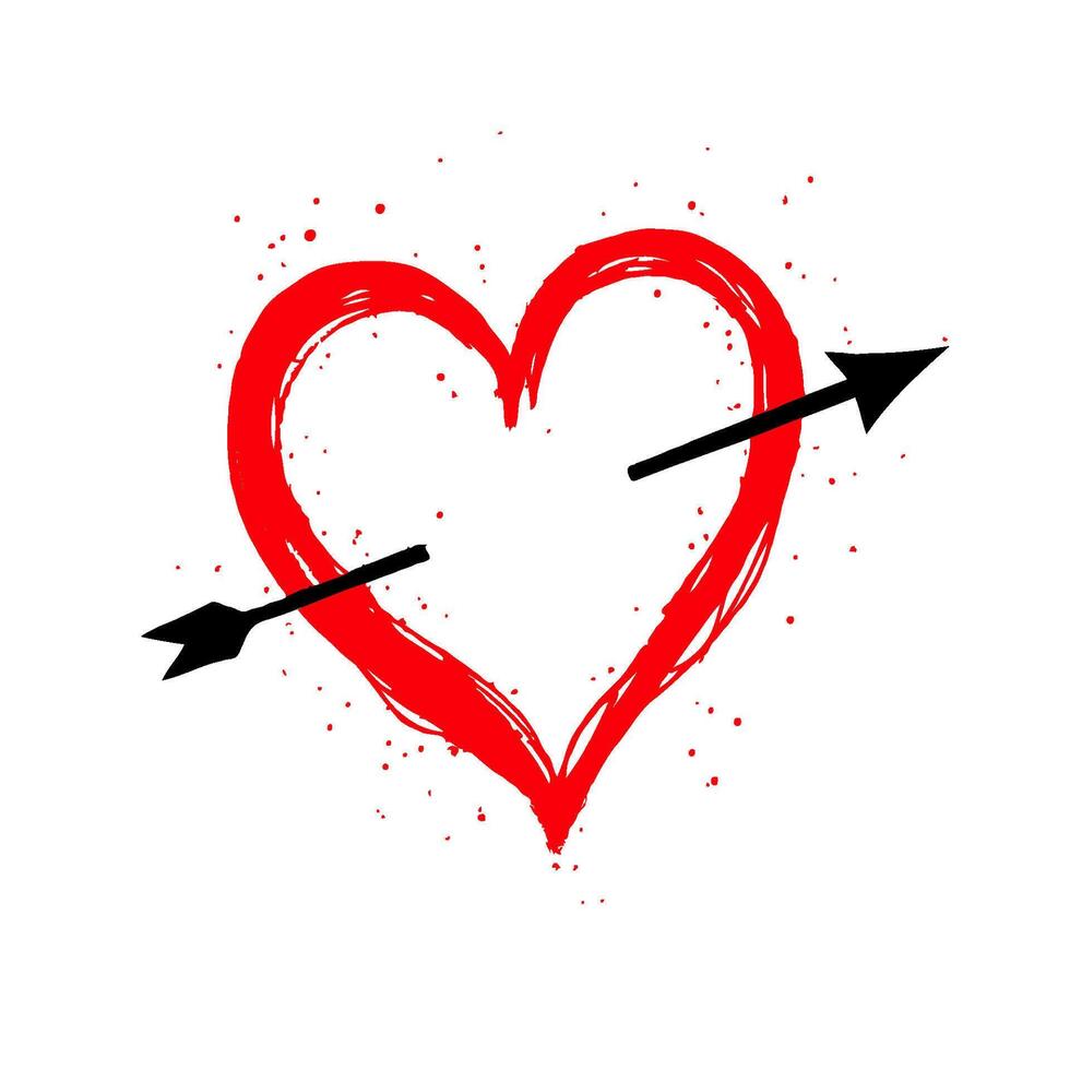 Red hand-drawn heart with splatter effect pierced by a black arrow on white. Symbol of love, passion, and Valentine's Day vector