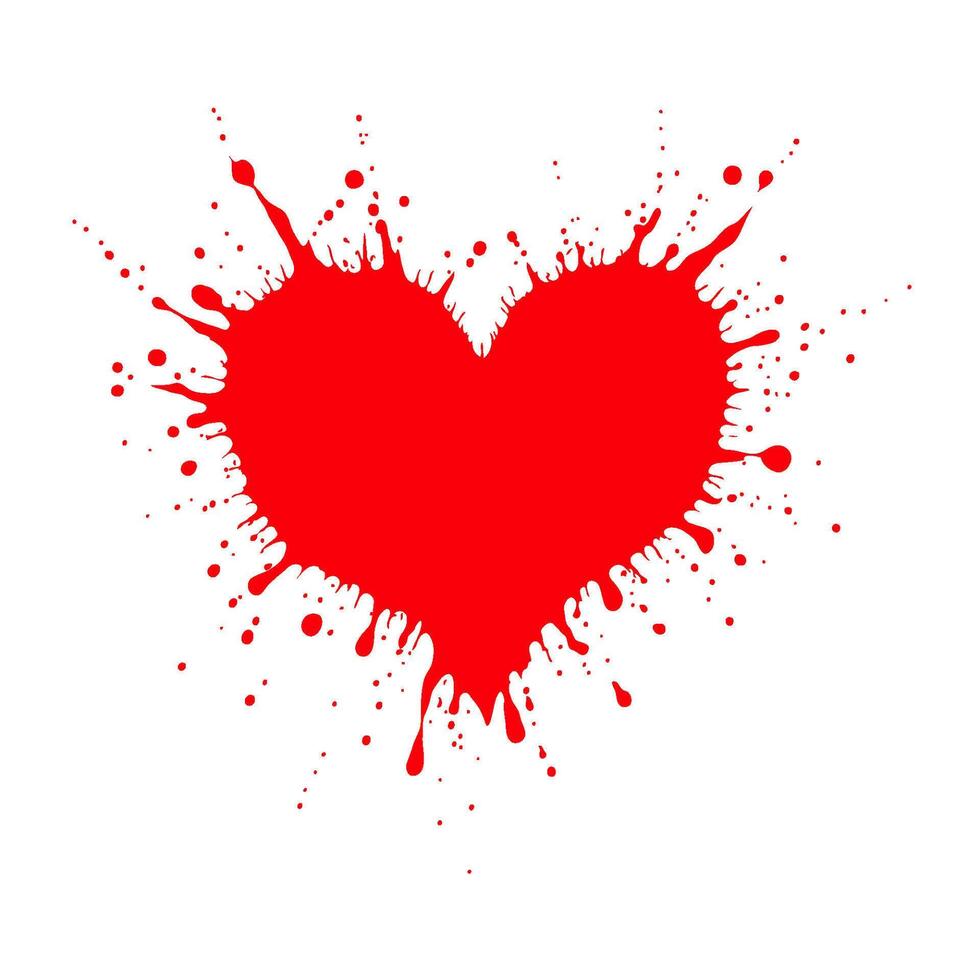 Red splatter forming a heart shape, with sharp edges and scattered droplets, on a white background, symbolizing love and creativity vector