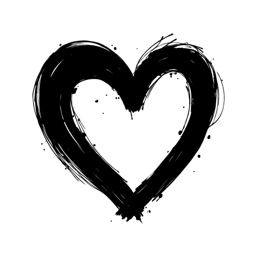 Abstract black ink heart with splatter details, hand-drawn style, on white background. Concept of love, passion, and creativity. Valentine's day illustration. vector