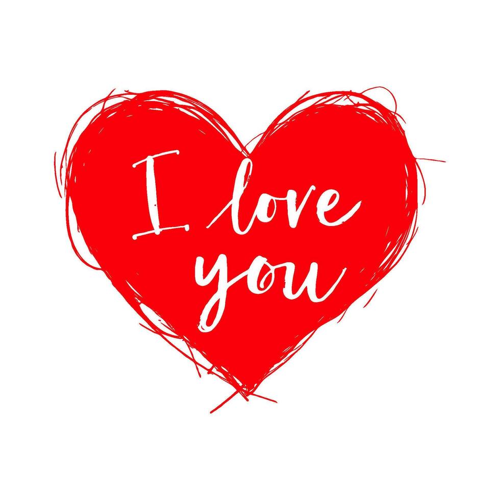 A red heart with scribbled edges featuring handwritten I love you text in white, set on a plain white background. Valentine's day illustration. vector