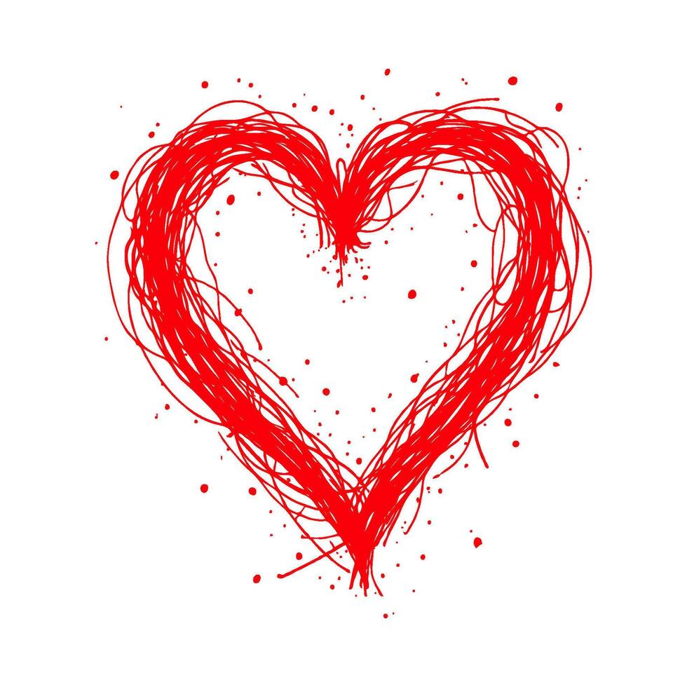 Red heart with scribbled lines and artistic ink splatters, set on a white background. Concept of love, passion, and creativity. Valentine's day illustration. vector