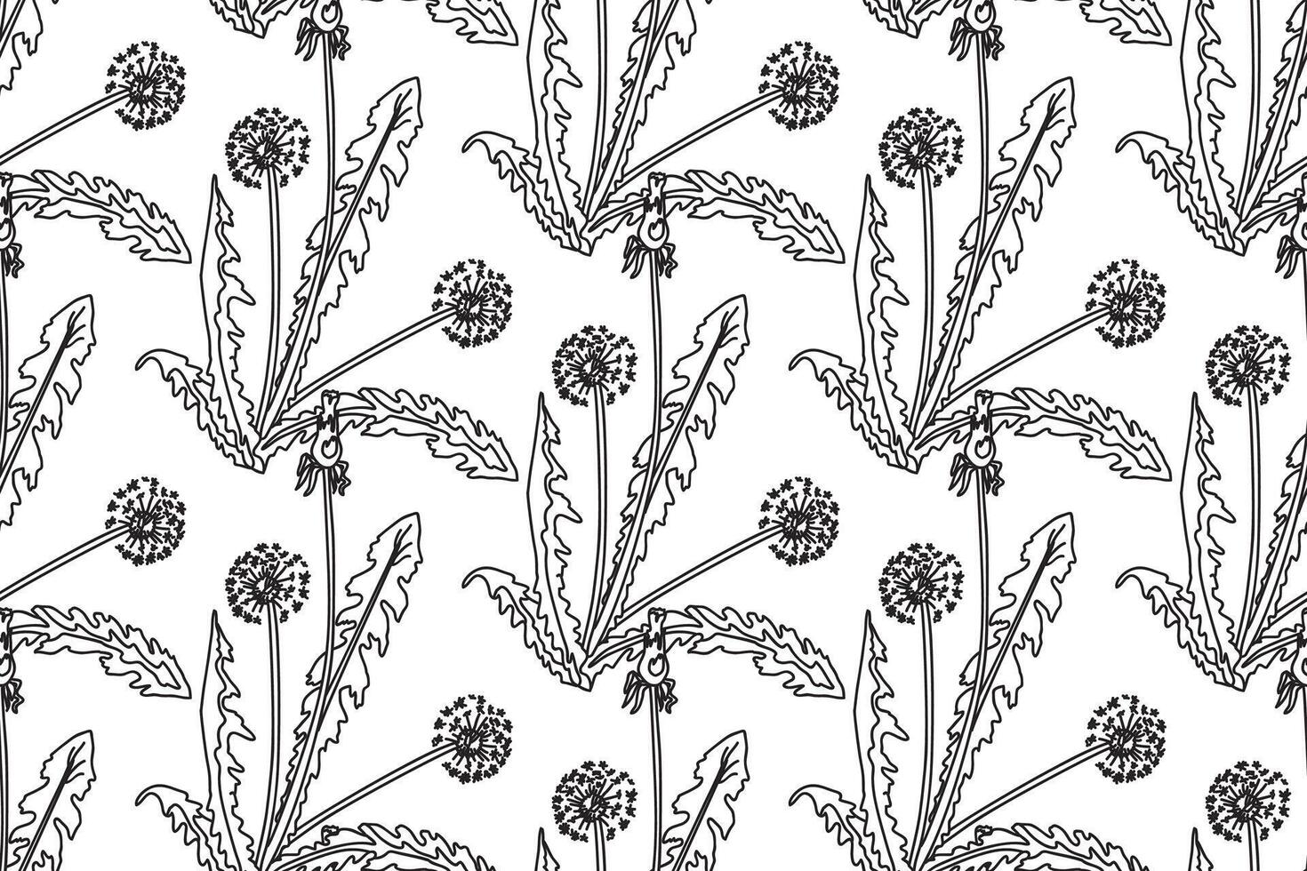 Botanical Line art abstract seamless pattern background with dandelion flowers illustration. Black and white repeating floral print. Graphic design for Wallpaper Wrapping Cover Textile Fashion vector
