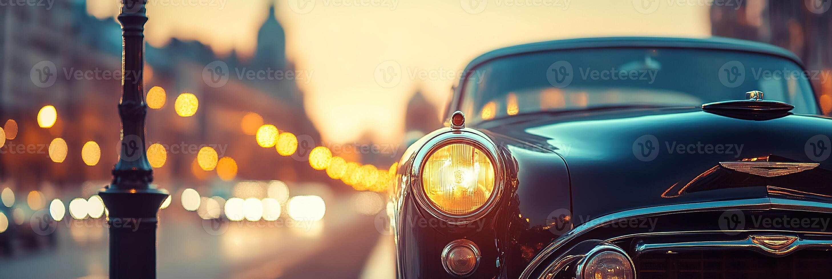 banner with close-up retro car with blurred bokeh city street background at evening photo
