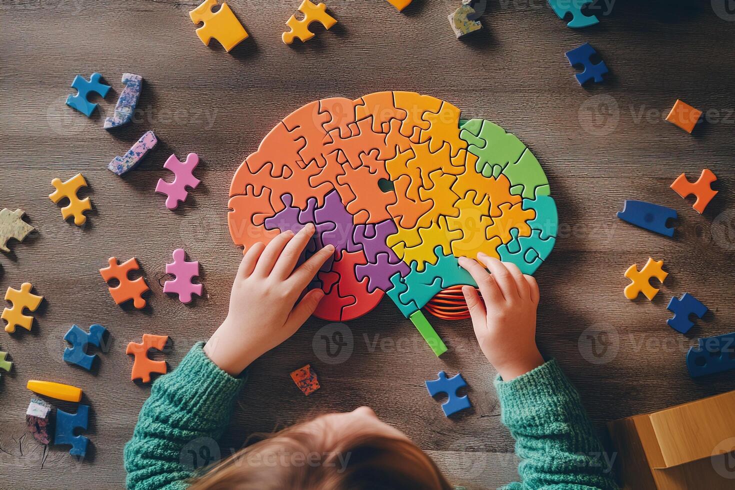 children's hands collect a multi-colored puzzle in the shape of a brain, top view photo