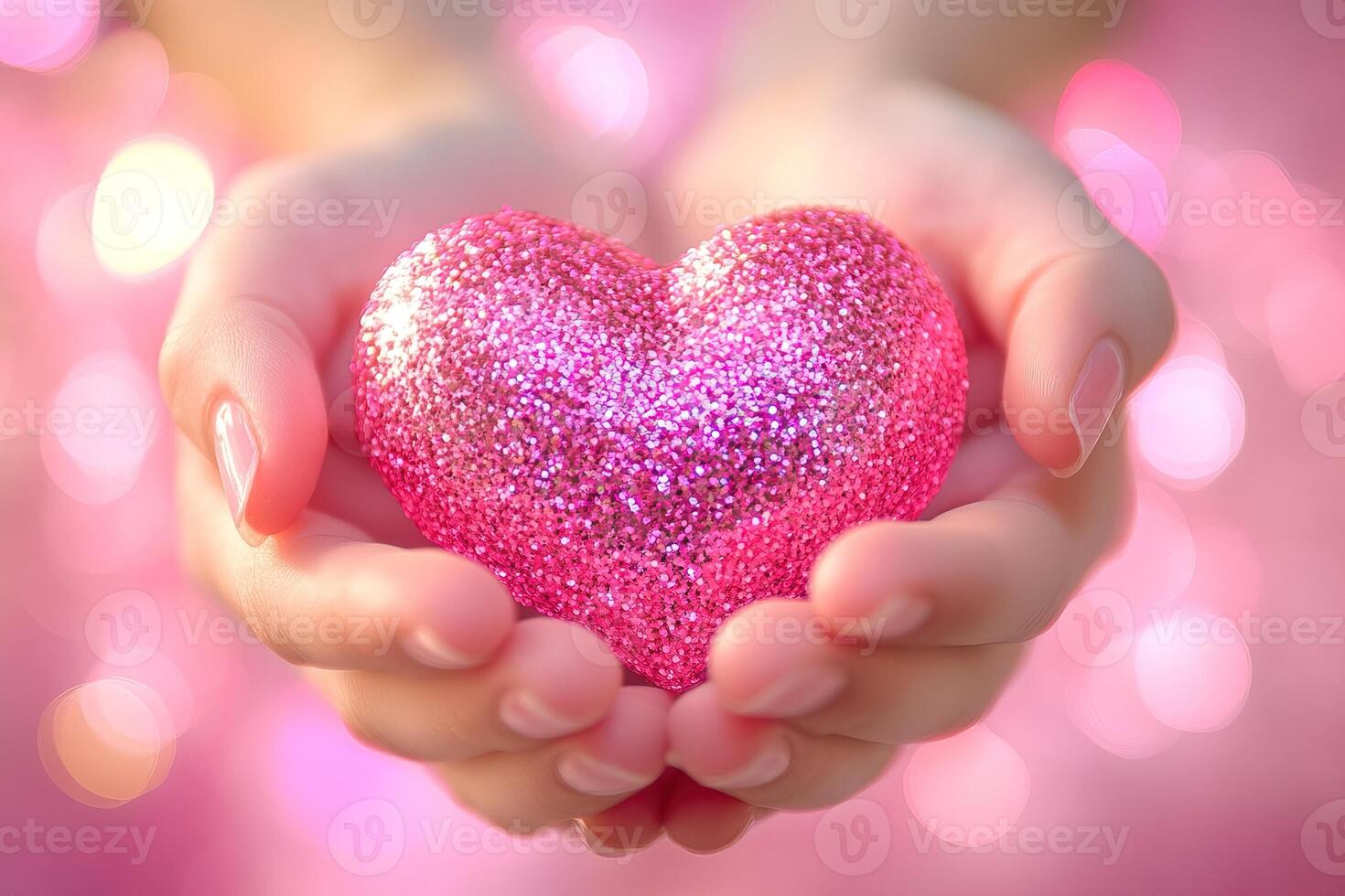 close-up pink glitter heart in hands on light blurred bokeh background with sparkles photo