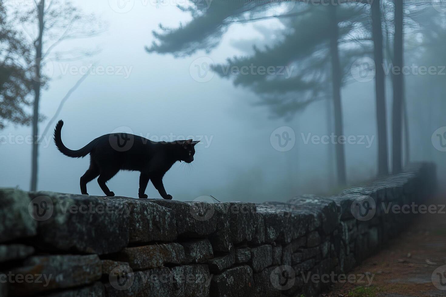 sleek black cat walking along a rustic stone fence with foggy cold forest on background photo