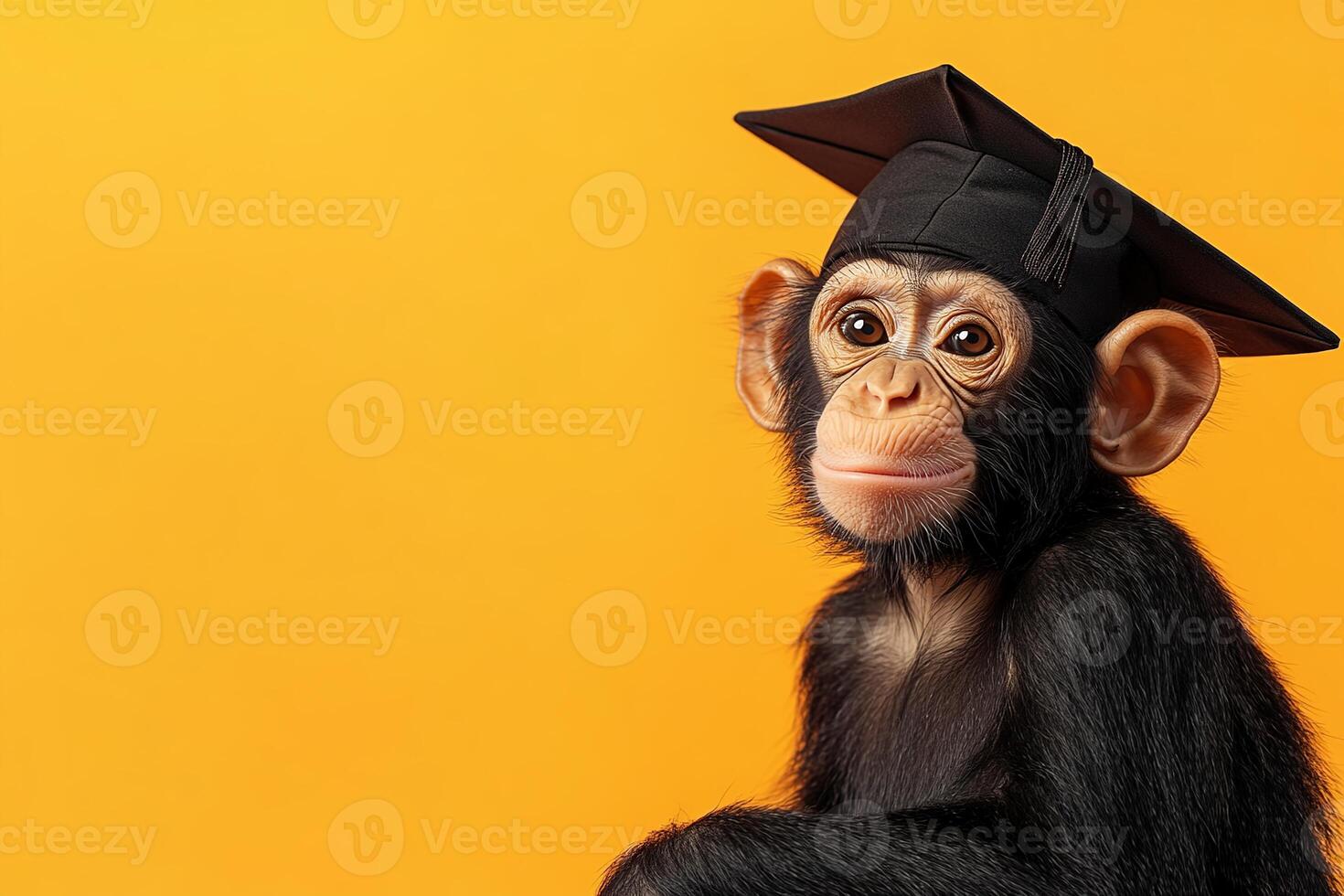 cute monkey wearing graduate cap on yellow background with copy space photo
