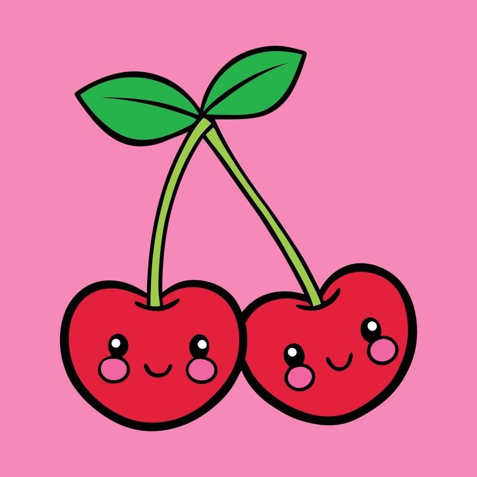 Adorable Kawaii Cherries Cartoon Illustration Design vector