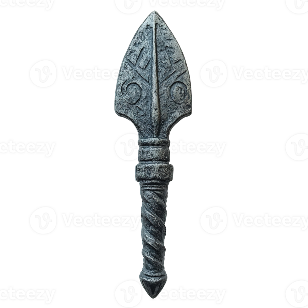 Close-Up View of Rusty Iron Arrowhead Featuring Ancient Decorative Etchings and Textures on Transparent Background png