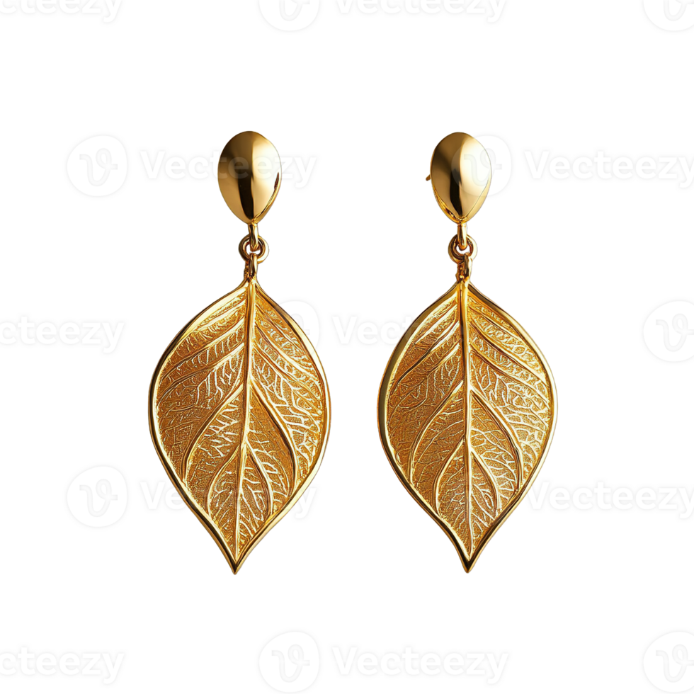 Shimmering Nature-Themed Golden Leaf Earrings with Fine Engraving on Transparent Background png