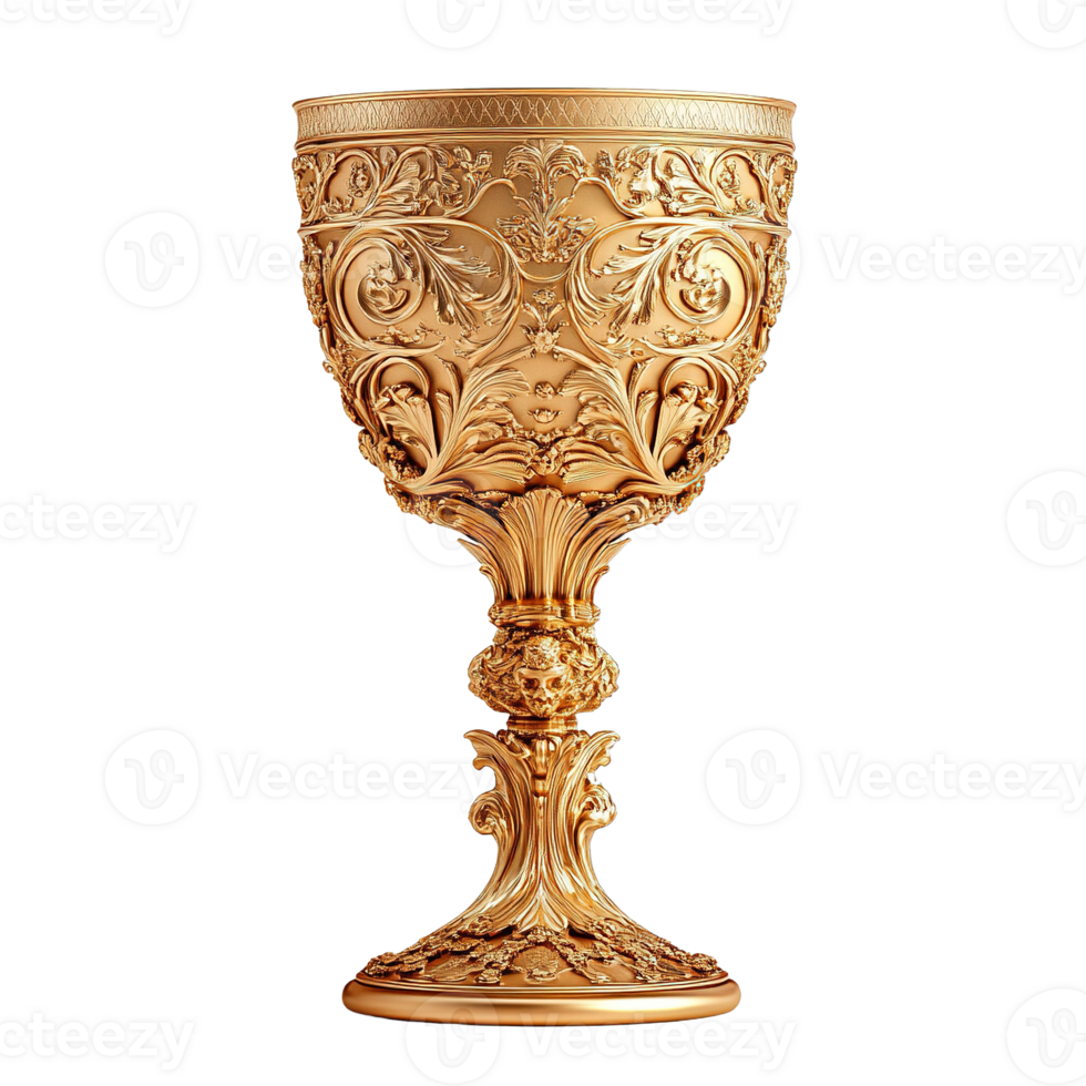 Artistic Gold Chalice with Elaborate Floral and Leaf Engravings Isolated on Transparent Background png