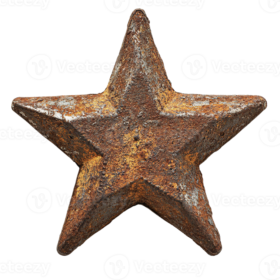 Weathered Five-Pointed Rusty Metal Star with Textured Surface and Shades of Brown and Orange on Transparent Background png