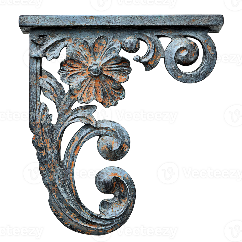 Antique Metal Shelf Bracket Featuring Intricate Flower Motifs and Scrollwork png