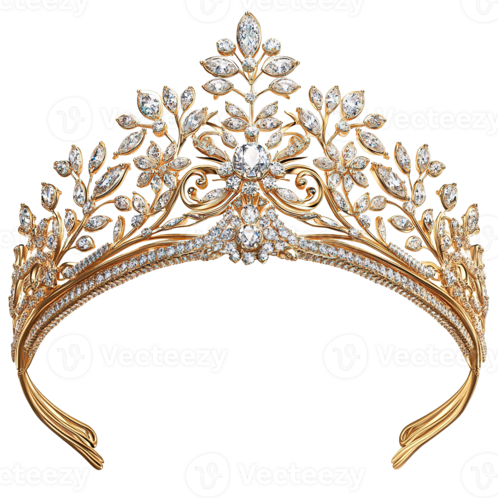 Luxurious Gold Tiara with Large Central Diamond Surrounded by Smaller Diamonds png