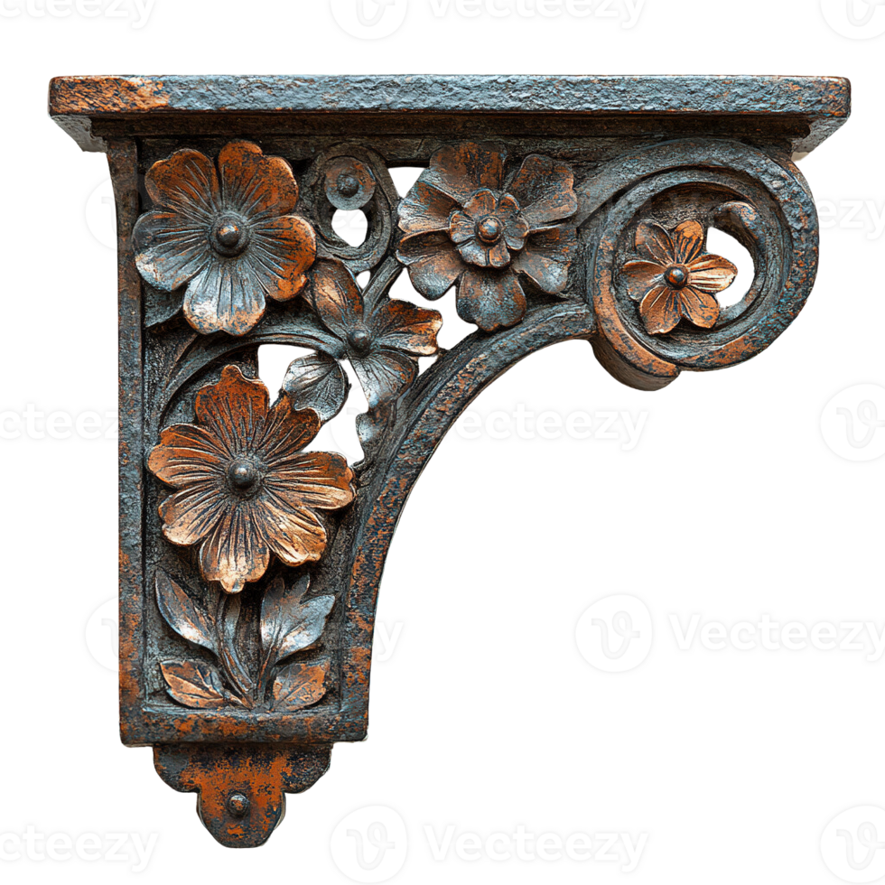 Decorative Iron Braces with Rustic Patina and Botanical Designs png