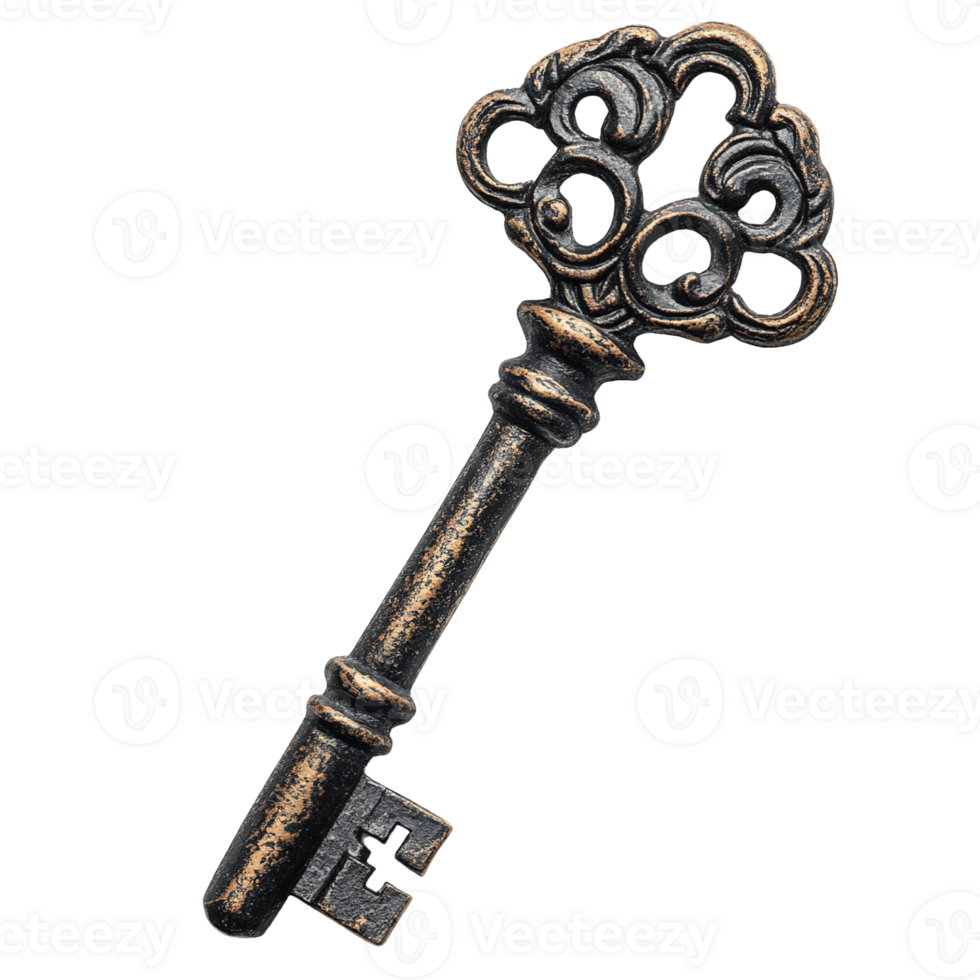 Key with a gold and black design on a transparent background png