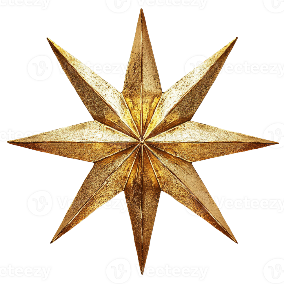 Elegant Golden Eight-Pointed Star with Metallic Texture and Sharp Elongated Points Isolated on Transparent Background png