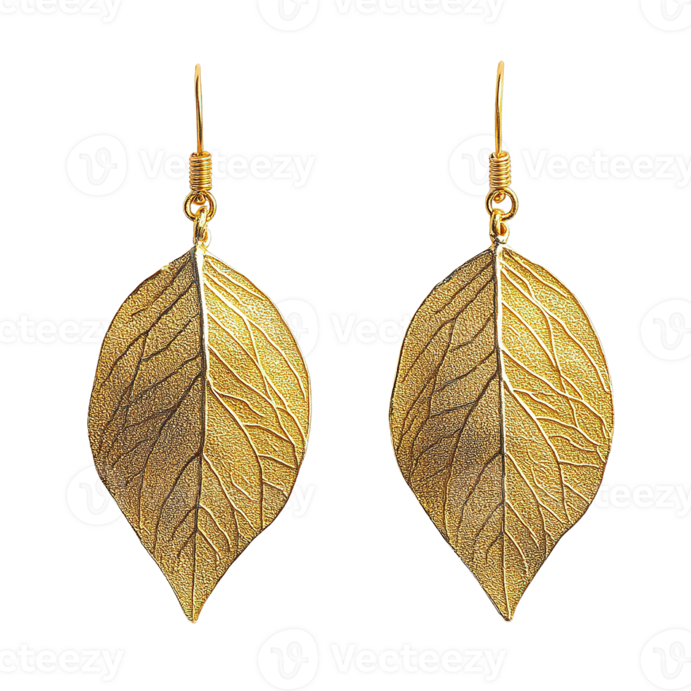 Elegant Golden Leaf Engraved Earrings with Intricate Nature-Inspired Design on Transparent Background png