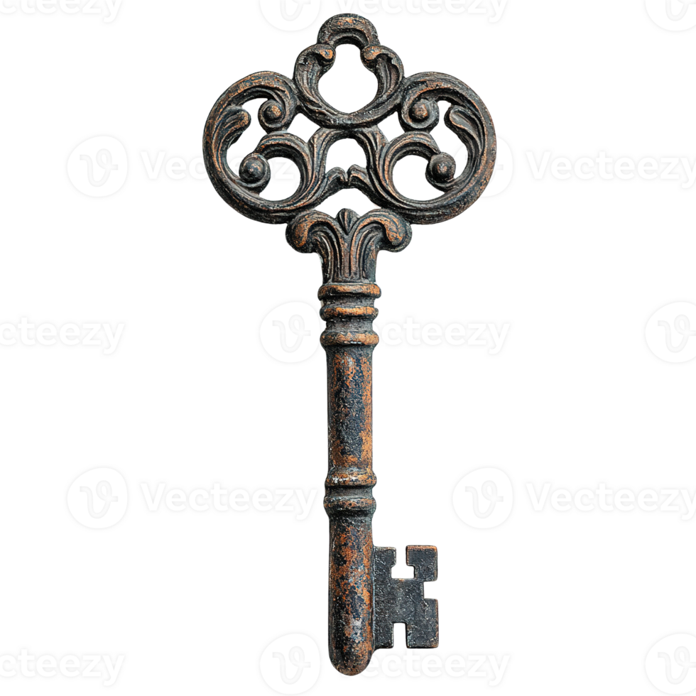 Old key with a gold and silver design on a transparent background png