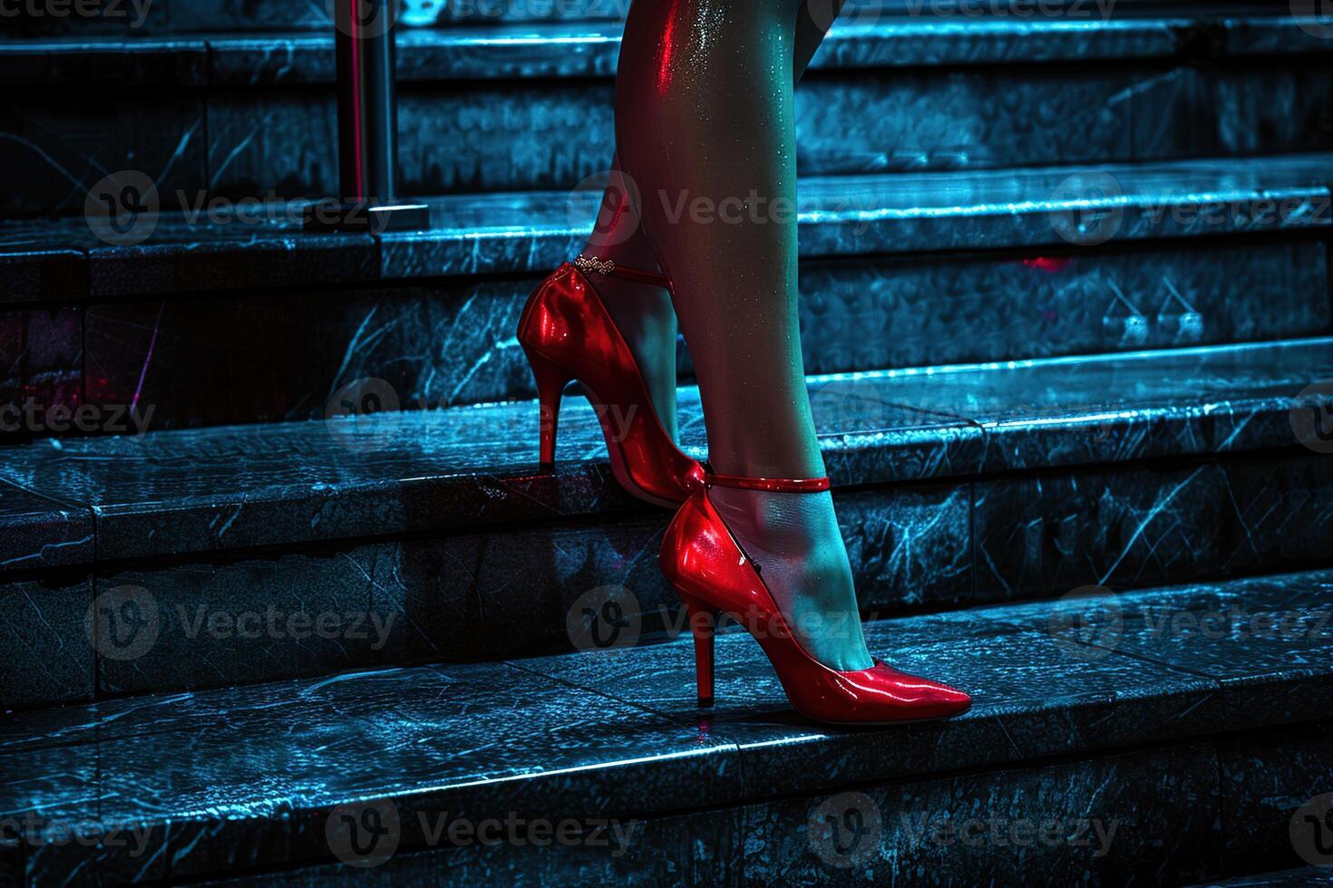 close-up of pretty female legs in elegant red high-heeled shoes going down the stairs on evening street photo