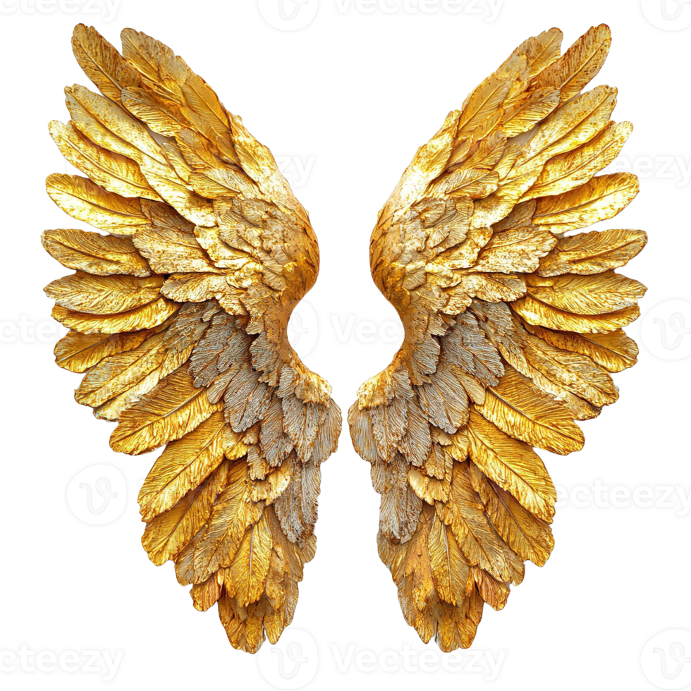 Radiant Metallic Angel Wings in Golden Splendor Isolated on Transparent Background png