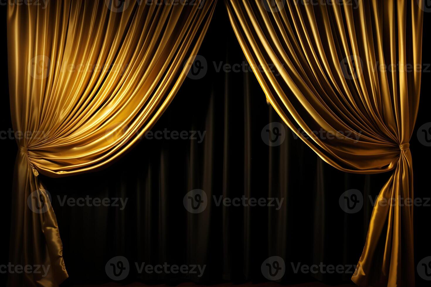 scene backdrop luxury golden and black curtain on stage of theater or cinema slightly ajar, stylish empty background for festive design photo