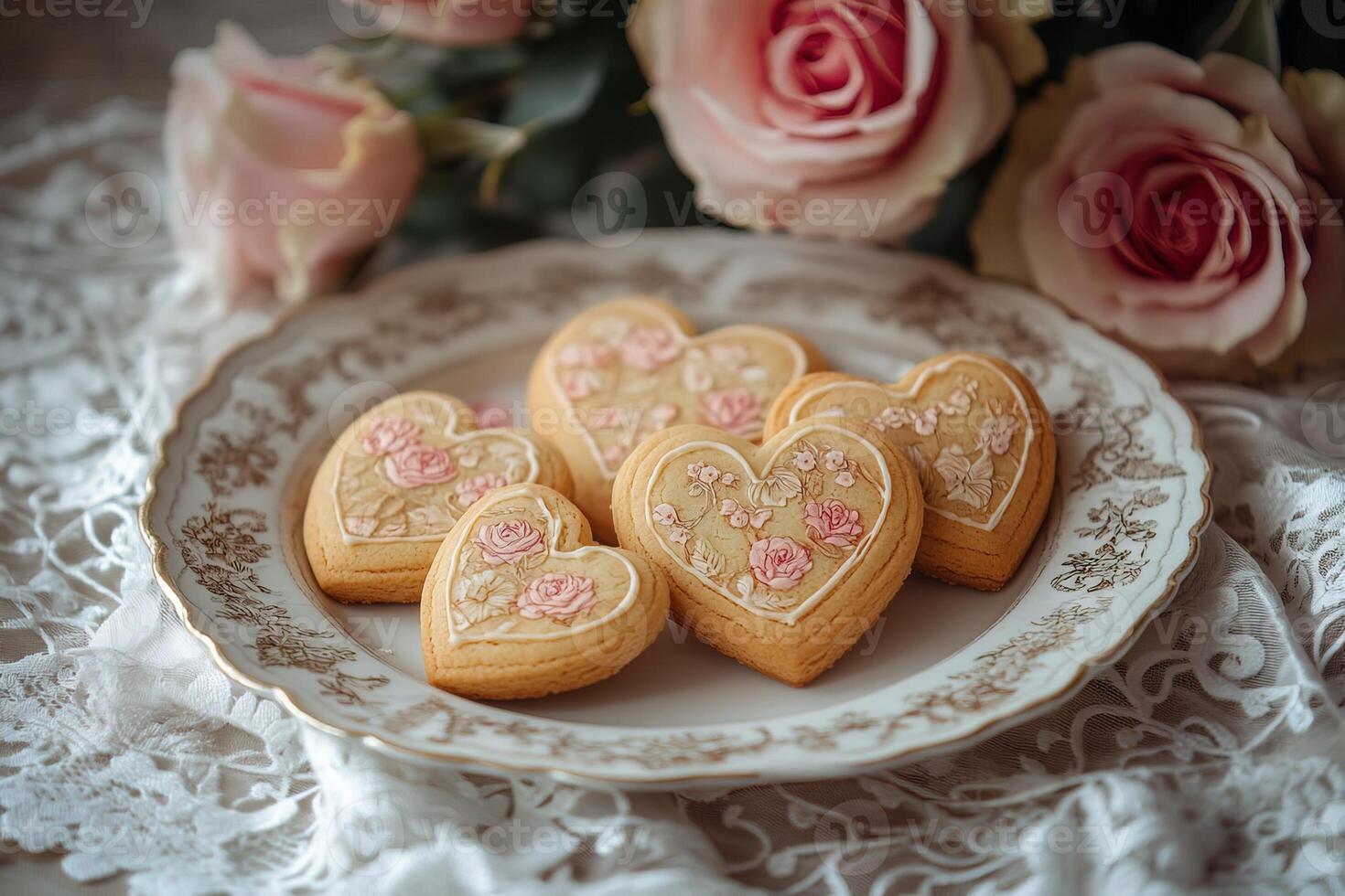 romantic composition close-up plate of heart-shaped cookies decorated with intricate floral patterns, placed on a lace tablecloth with a bouquet of roses nearby photo