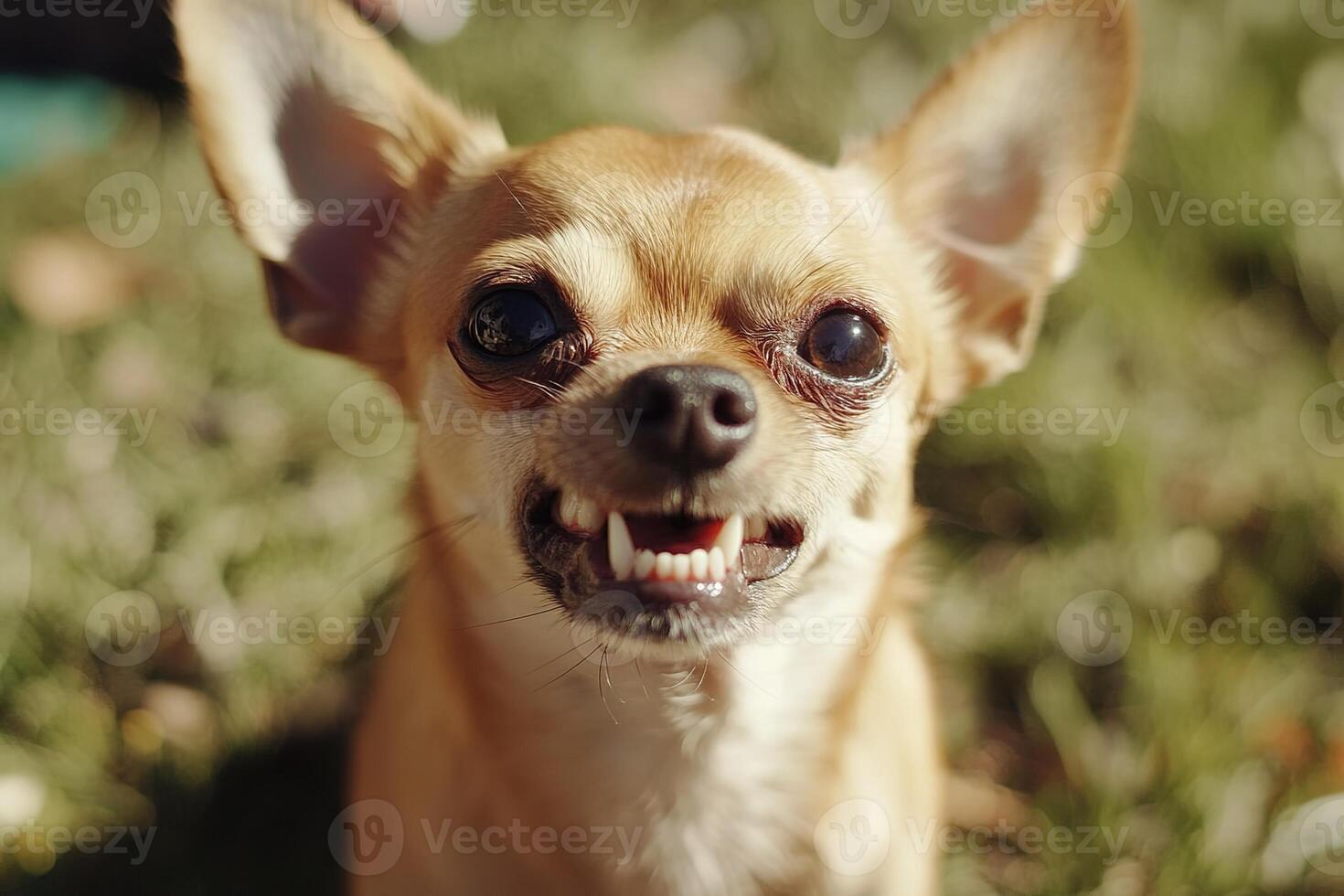 close-up of an aggressive little chihuahua dog looking angrily and baring its teeth photo
