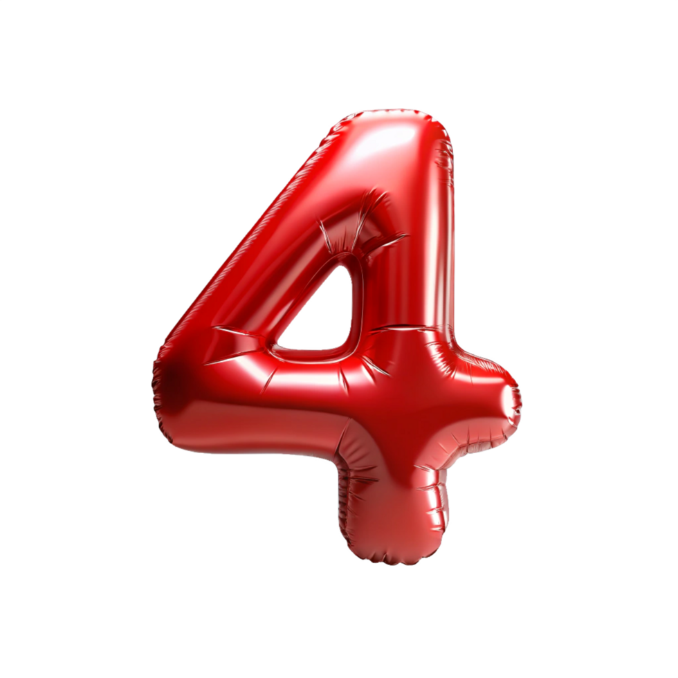 3D Red Balloon in the shape of number Four isolated on transparent background png