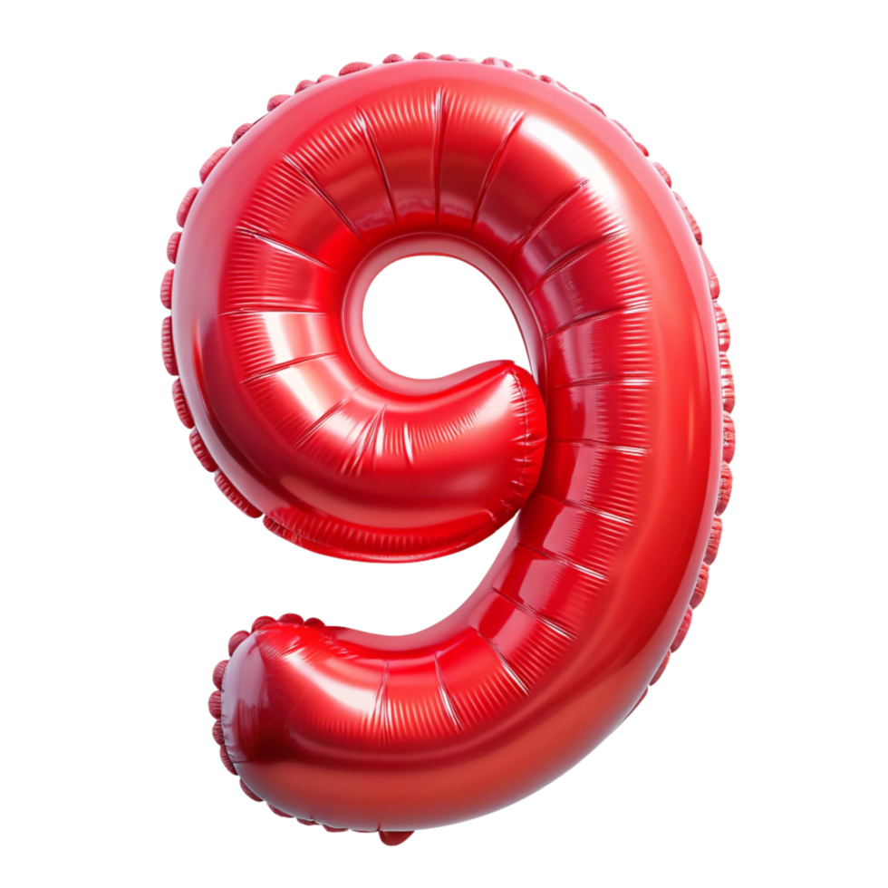 3D Red Balloon in the shape of number Nine isolated on transparent background png