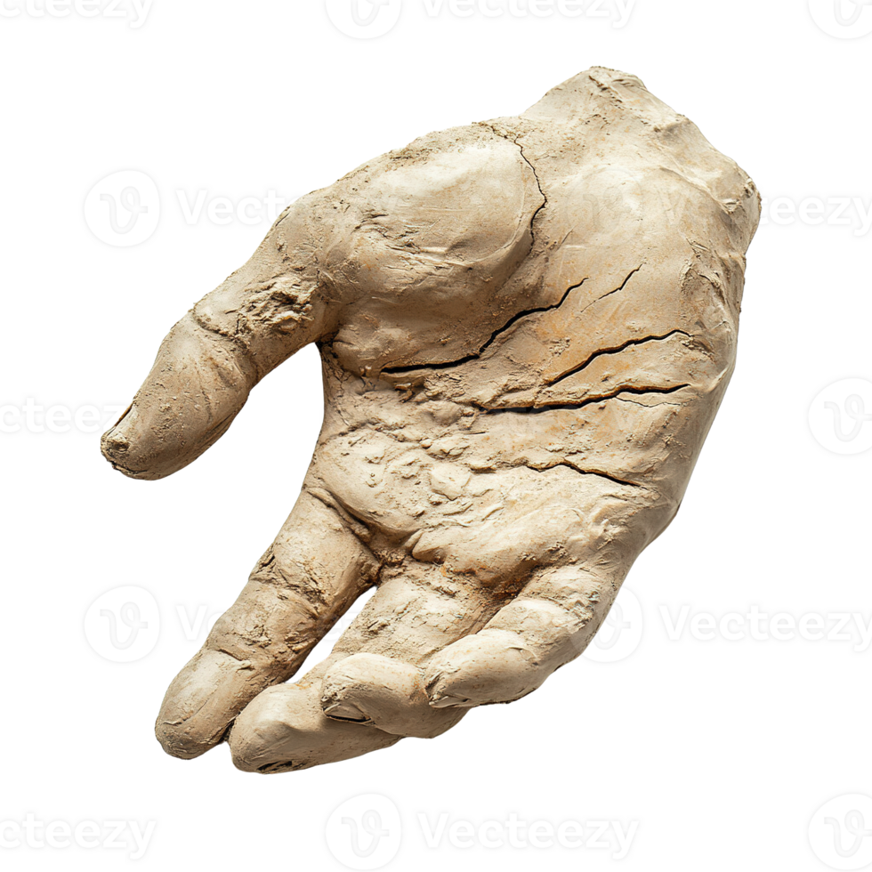 Artistic clay hand impression showcasing detailed textures and earthy tones on transparent background png