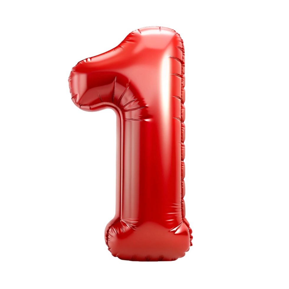 3D Red Balloon in the shape of number One isolated on transparent background png