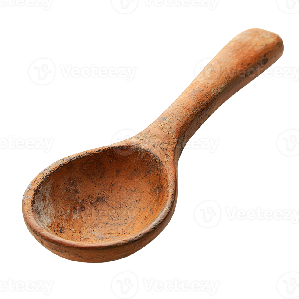 Close-up of traditional earthenware spoon with a rustic and organic finish isolated on transparent background png