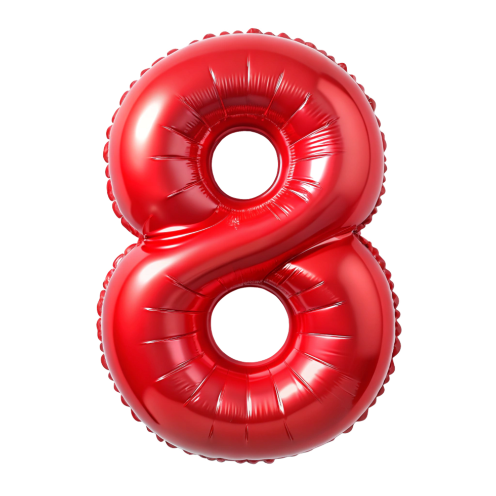 3D Red Balloon in the shape of number eight isolated on transparent background png