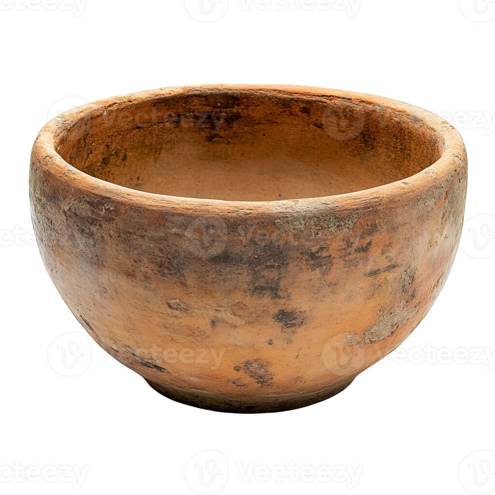 Traditional handmade clay bowl with natural flaws and warm terracotta hues isolated on transparent background png