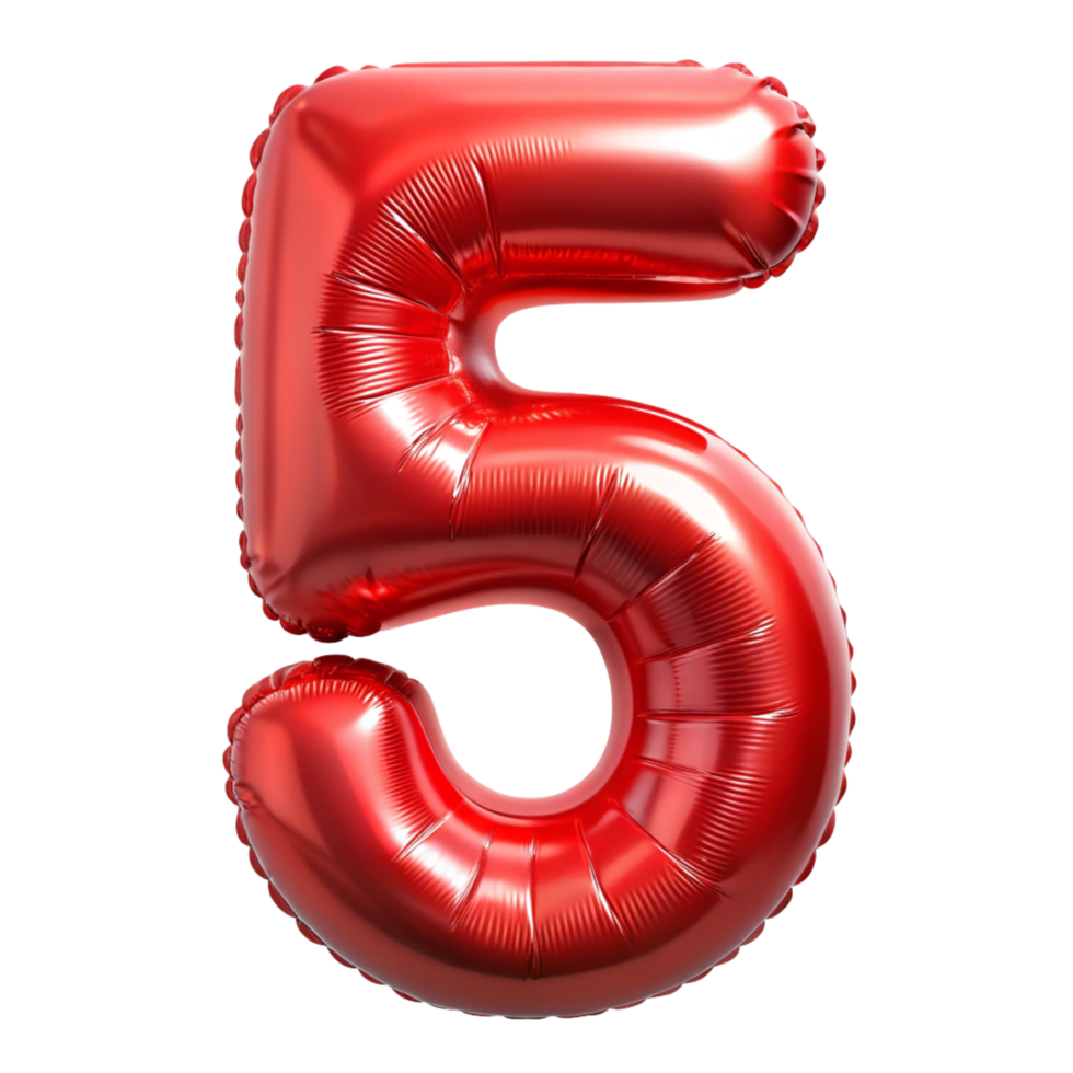 3D Red Balloon in the shape of number Five isolated on transparent background png