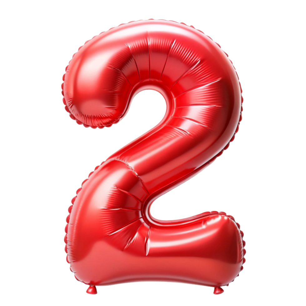 3D Red Balloon in the shape of number Two isolated on transparent background png