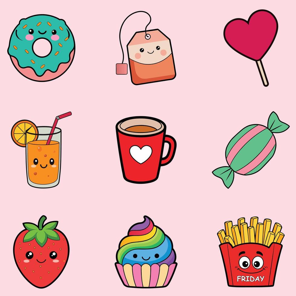 Cute Kawaii Food Icon Collection with Drinks, Sweets, and Snacks vector