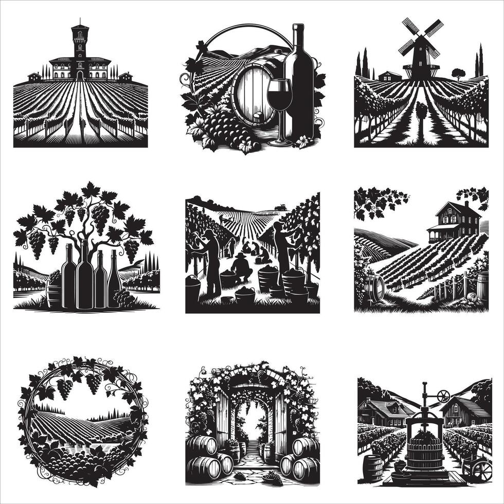 Winery Vineyard Scene Design Bundle for Creative Projects vector